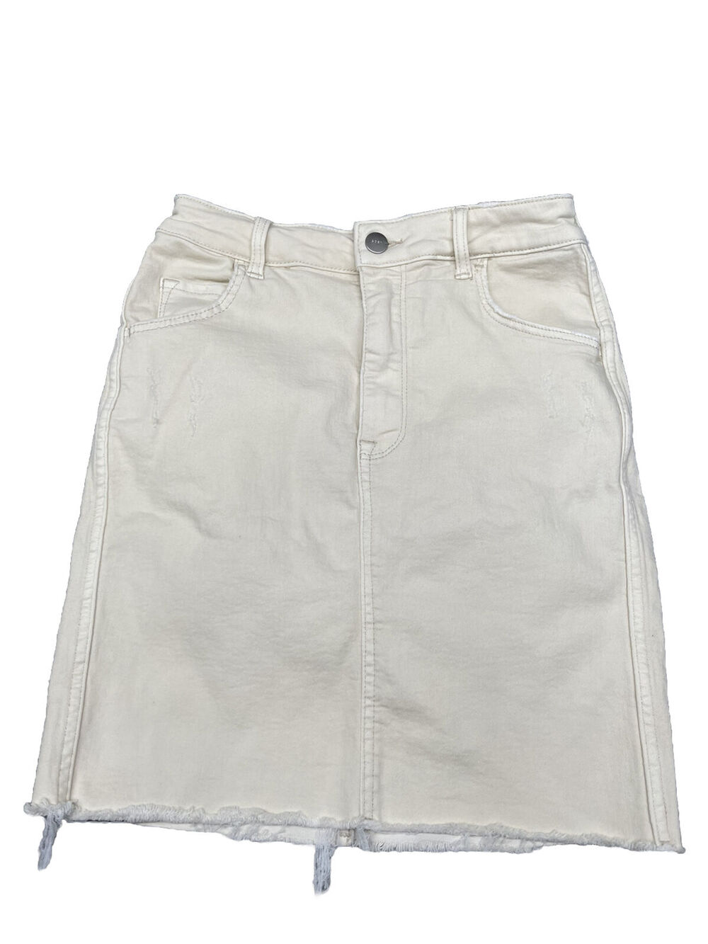 & Denim Skirt Knee Length Straight Skirt Beige Size 2 W/Frey 4 Pockets Preowned